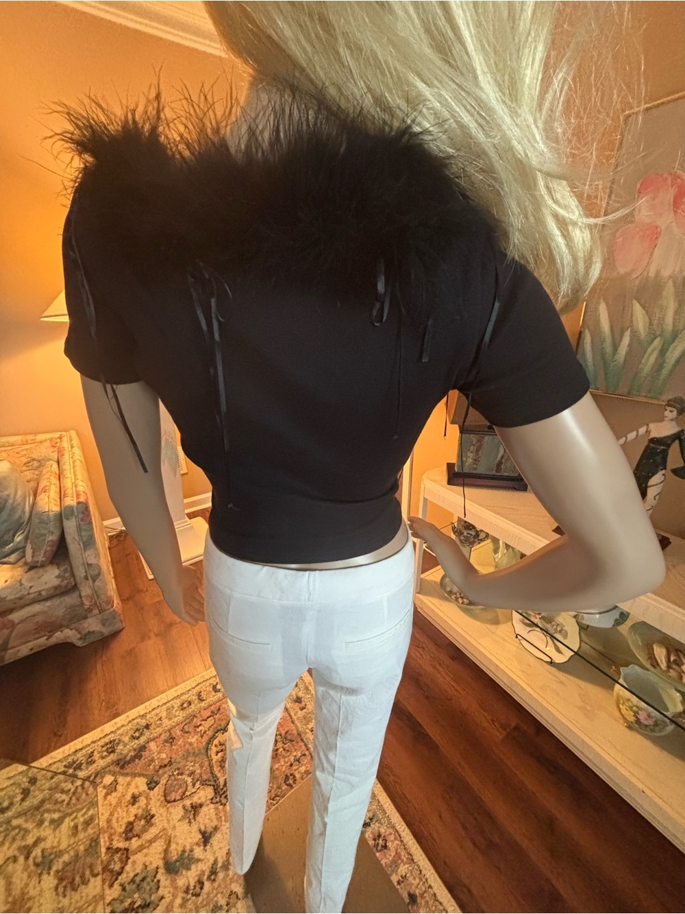 Betsey Johnson Black Feather-Trimmed Cropped Top - Picture 2 of 10